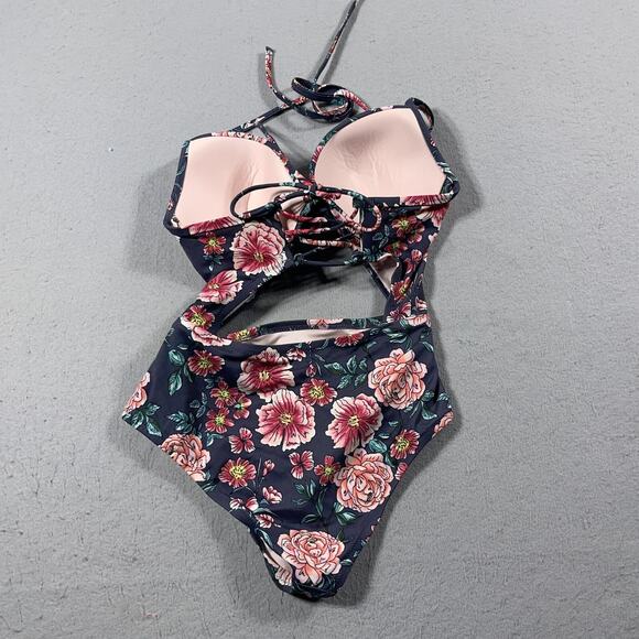 Shade and Shore One Piece Swimsuit Women 34D Navy Floral Cutout Lace Up Back - Picture 5 of 9